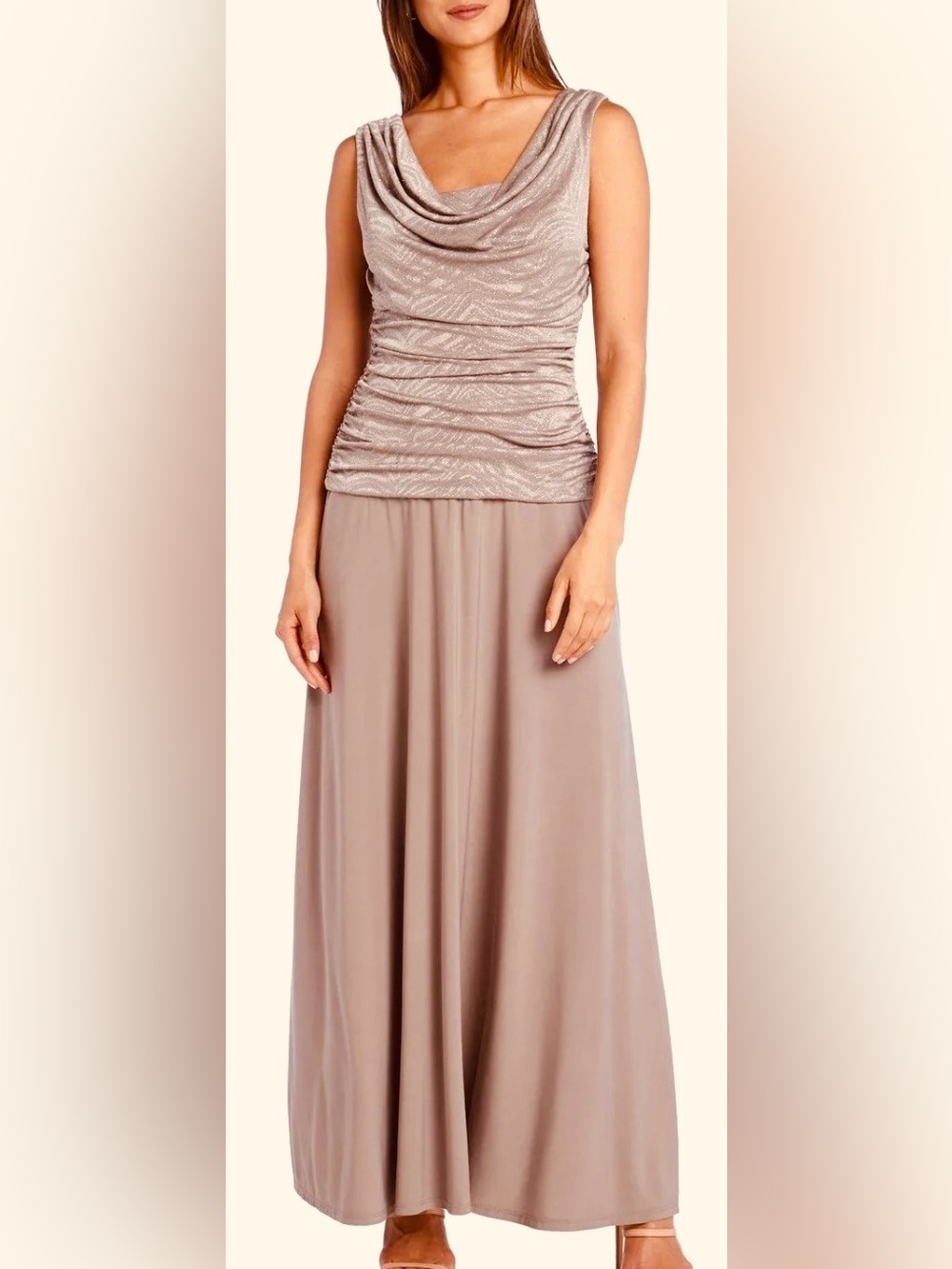 Mother of bride Long Formal Cowl Neck Dress shimmering ruched bodice. Stretchy M